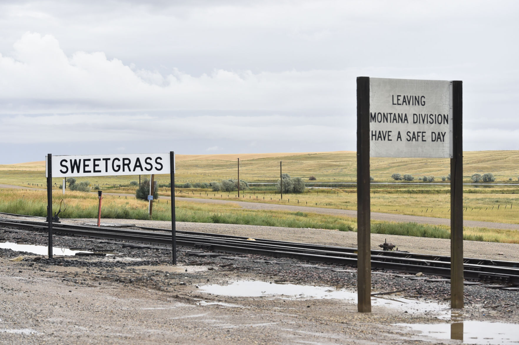 A railroad line crosses the U.S.-Canadian border